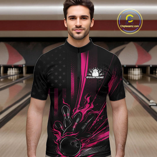 Custom Black And Pink US Flag Patriotic Men Bowling Shirt, American Flame Bowling Jersey IPHW10643