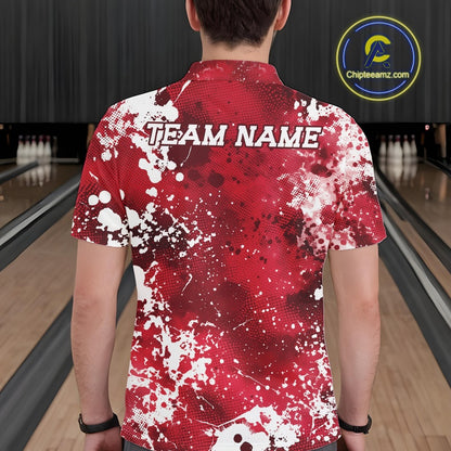 Person wearing a red and white bowling shirt with 'TEAM NAME' on a bowling alley.
