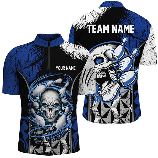 Blue And Black Custom Skull Bowling Shirts,  Bowling Quarter Zip Shirts For Men Bowling Uniform IPHW6751