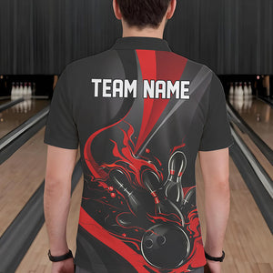 Red And Black Flame Bowling Team Shirts, Strike Bowling Short Sleeve Polo Shirts For Men IPHW6755