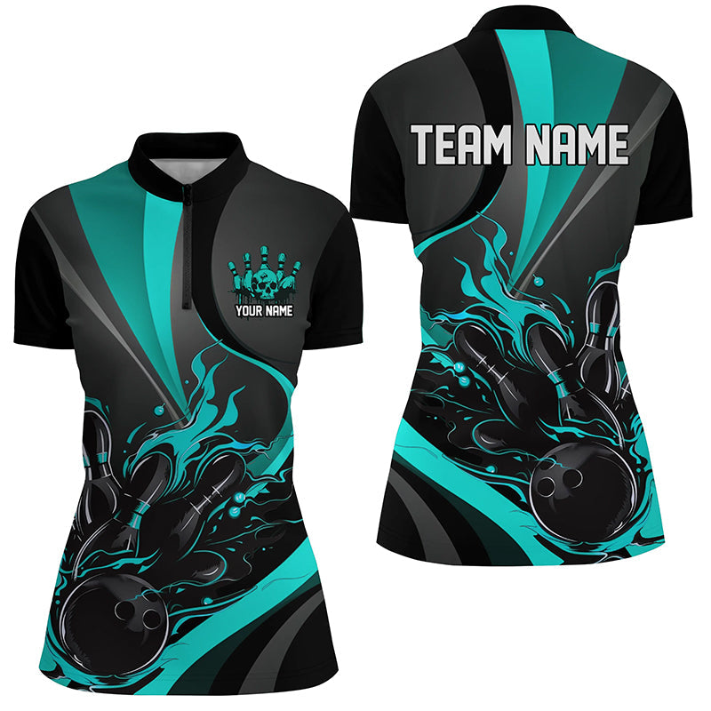 Blue And Black Flame Bowling Team Shirts, Bowling Short Sleeve Quarter Zip Shirts For Women IPHW6756