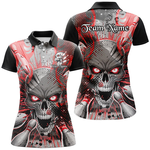 Custom Short Sleeve Skull Bowling Shirts For Women, Halloween Bowling Shirt With Name | Red IPHW6759