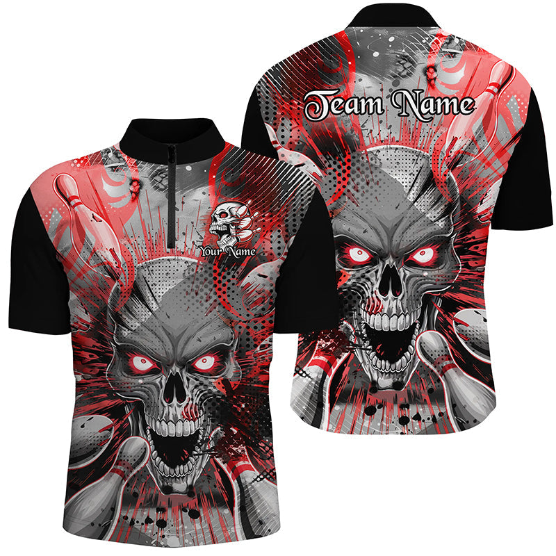 Custom Short Sleeve Skull Bowling Shirts For Men, Halloween Bowling Shirt With Name | Red IPHW6759