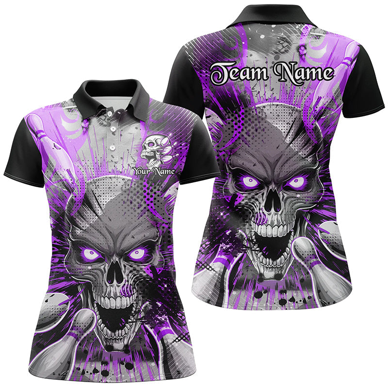 Custom Short Sleeve Skull Bowling Shirts For Women, Halloween Bowling Shirt With Name | Purple IPHW6760