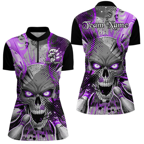 Custom Short Sleeve Skull Bowling Shirts For Women, Halloween Bowling Shirt | Purple IPHW6760