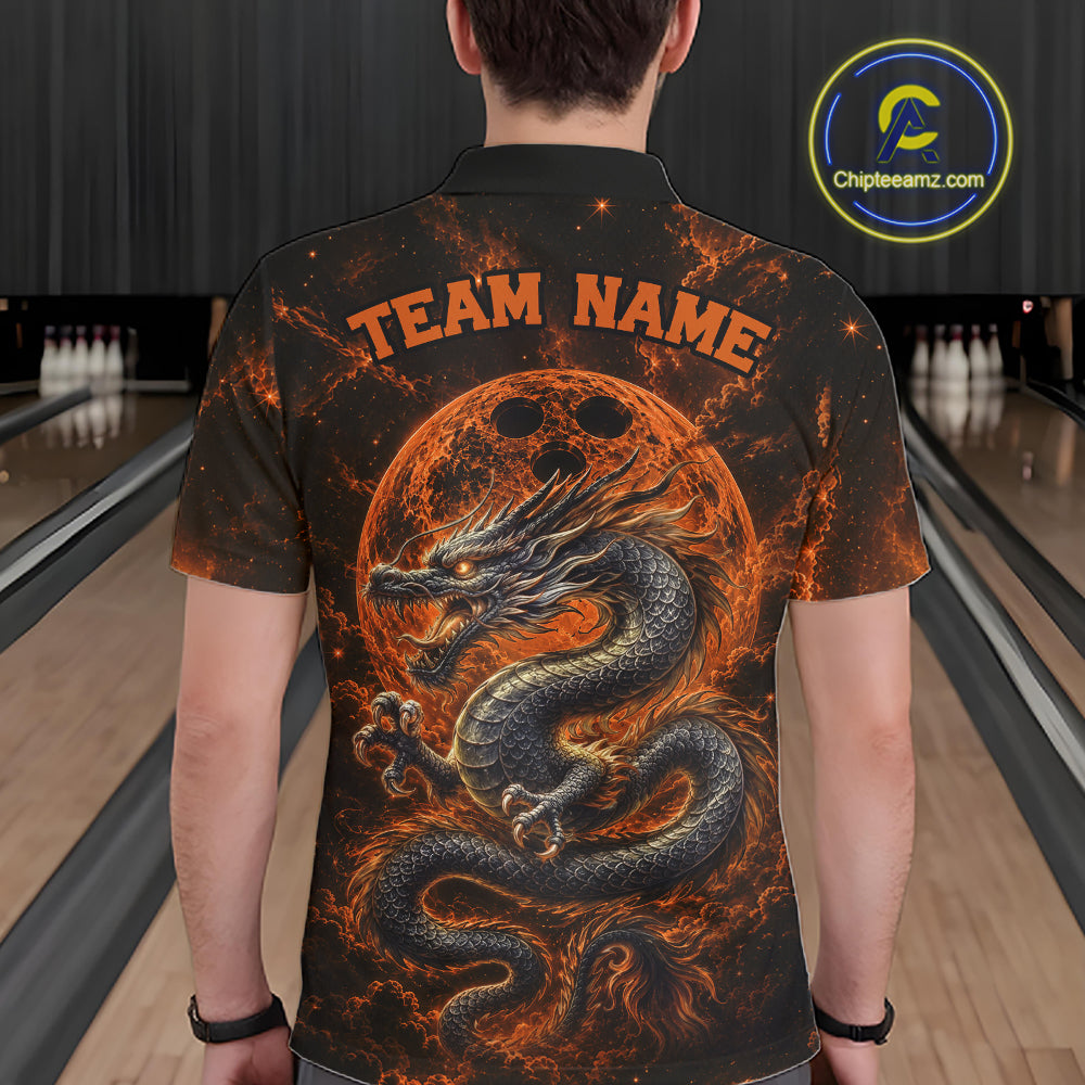 Back view of a male model in a bowling alley wearing an orange custom bowling polo shirt featuring an ancient dragon, flames, and a moon-inspired bowling ball design.