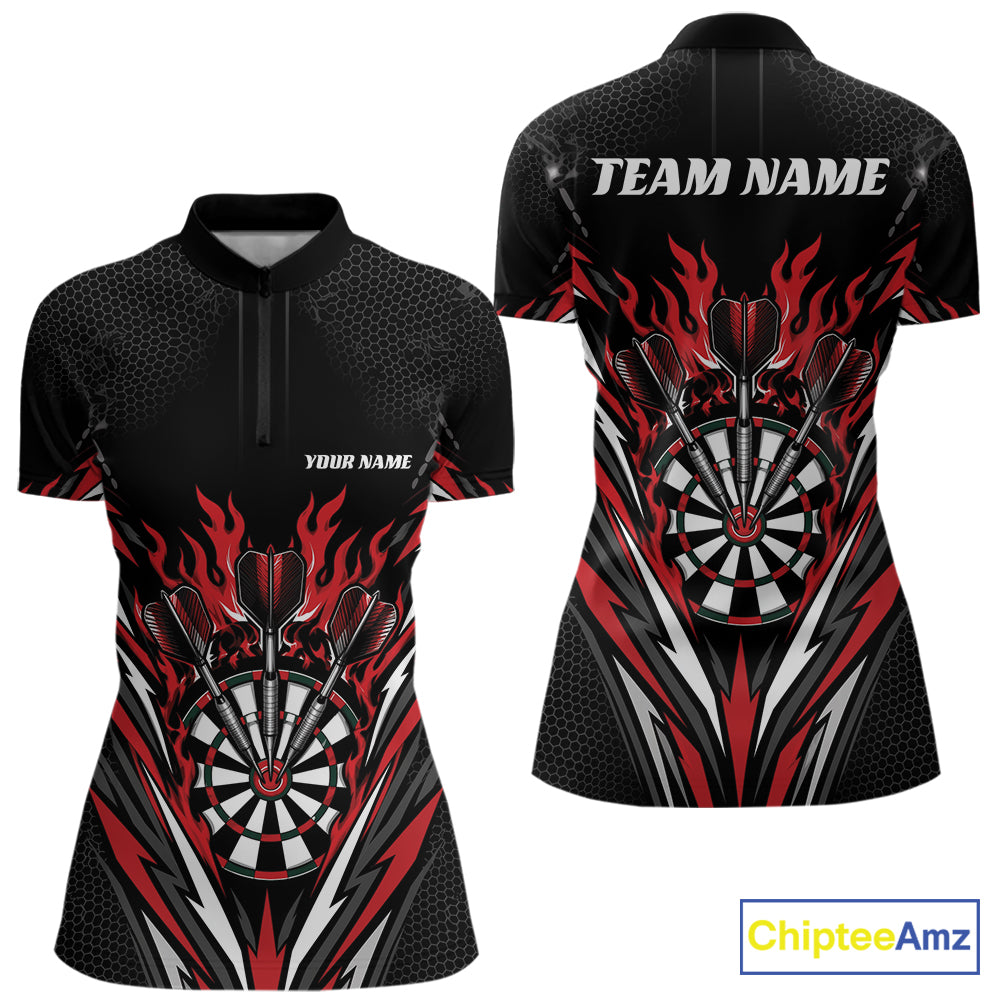 Custom Black And Red Flame Bullseye Darts Women Quarter-Zip Shirt, Darts Team Jerseys IPHW11717