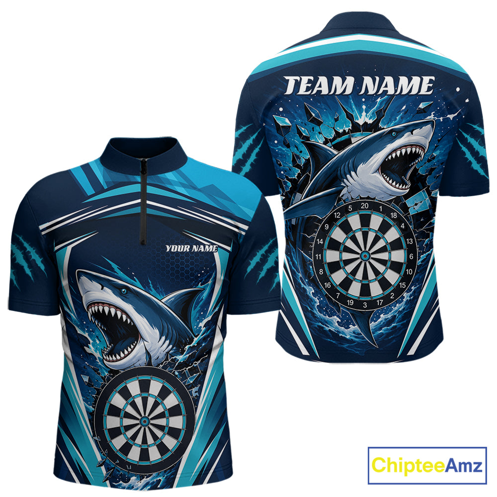 Custom Blue Shark With Broken Dartboard Darts Team Quarter Zip Shirt For Men, Darts League Shirt IPHW11736
