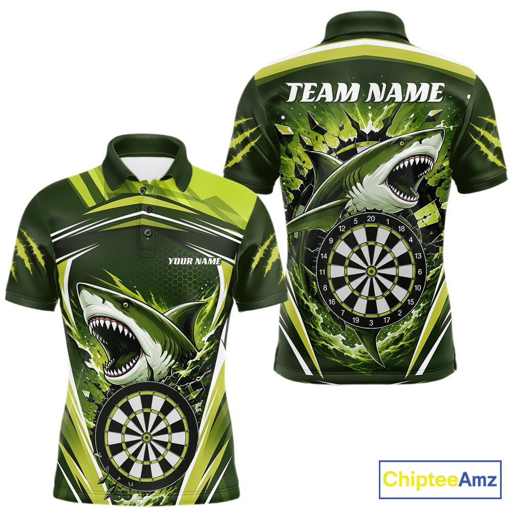 Custom Green Shark With Broken Dartboard Darts Team Polo Shirt For Men, Darts League Shirt IPHW11737