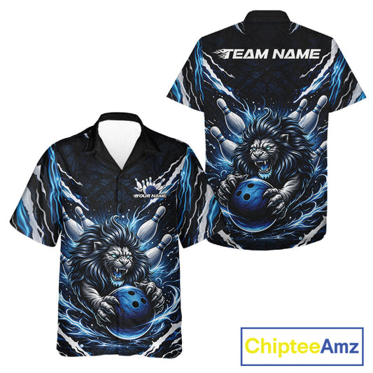 Custom Black And Blue Lion Bowling Jerseys, Lion Bowling Tournament Men And Women Hawaiian Shirt IPHW10352