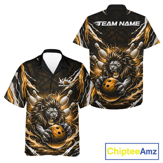 Custom Black And Gold Lion Bowling Jerseys, Lion Bowling Tournament Men And Women Hawaiian Shirt IPHW10354