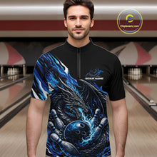 Load image into Gallery viewer, Custom Blue Flame Dragon Bowling Men Quarter-Zip Team Shirts, Bowling Tournament Shirt IPHW10359