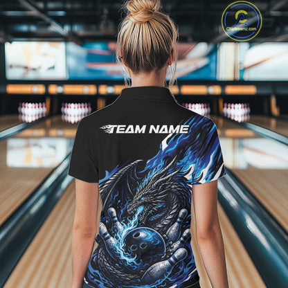 Custom Blue Flame Dragon Bowling Women Quarter-Zip Team Shirts, Bowling Tournament Shirt IPHW10359