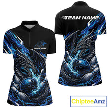 Load image into Gallery viewer, Custom Blue Flame Dragon Bowling Women Quarter-Zip Team Shirts, Bowling Tournament Shirt IPHW10359