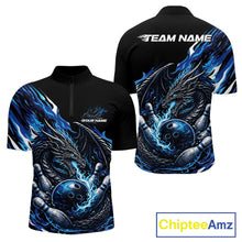 Load image into Gallery viewer, Custom Blue Flame Dragon Bowling Men Quarter-Zip Team Shirts, Bowling Tournament Shirt IPHW10359