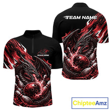 Load image into Gallery viewer, Custom Red Flame Dragon Bowling Men Quarter-Zip Team Shirts, Bowling Tournament Shirt IPHW10360
