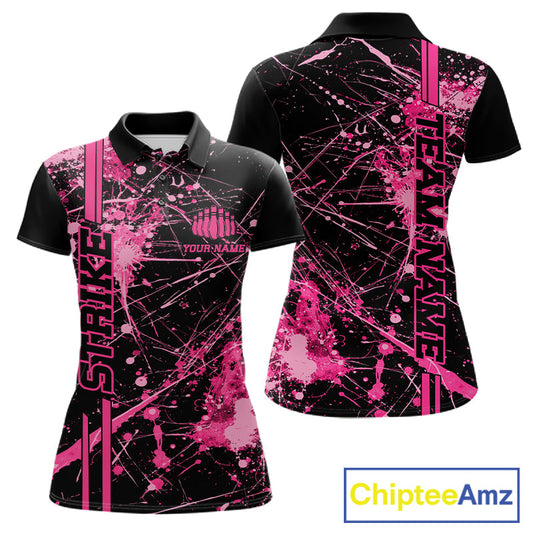 Custom Black And Pink Splatter Camo Strike Bowling League Shirts, Women Bowling Jerseys IPHW10651
