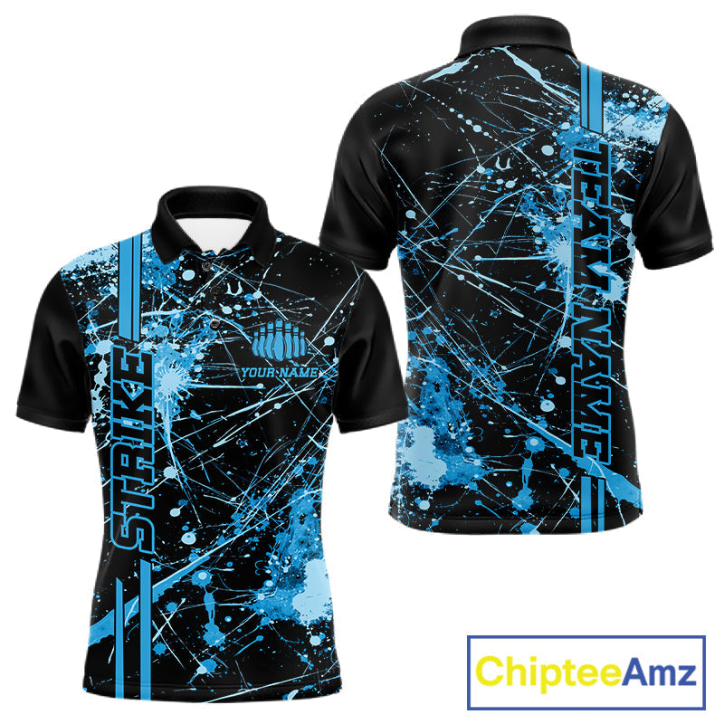 Custom Black And Blue Splatter Camo Strike Bowling League Shirts, Men Bowling Jerseys IPHW10652