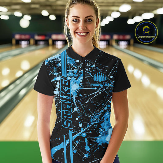 Custom Black And Blue Splatter Camo Strike Bowling League Shirts, Women Bowling Jerseys IPHW10652