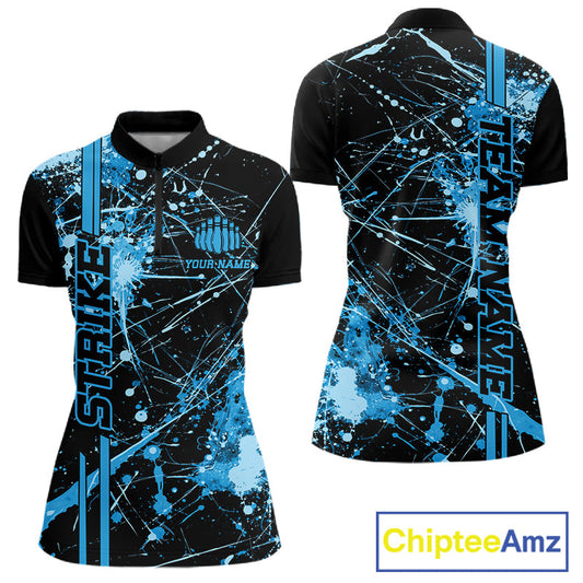 Custom Black And Blue Splatter Camo Strike Bowling League Shirts, Women Bowling Jerseys IPHW10652