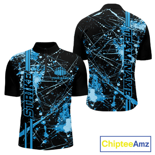Custom Black And Blue Splatter Camo Strike Bowling League Shirts, Men Bowling Jerseys IPHW10652