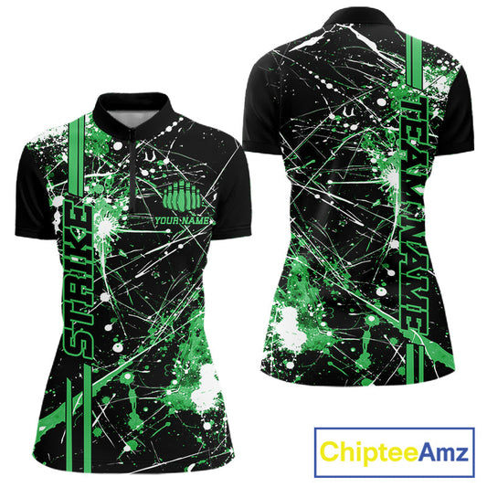 Custom Black And Green Splatter Camo Strike Bowling League Shirts, Women Bowling Jerseys IPHW10653