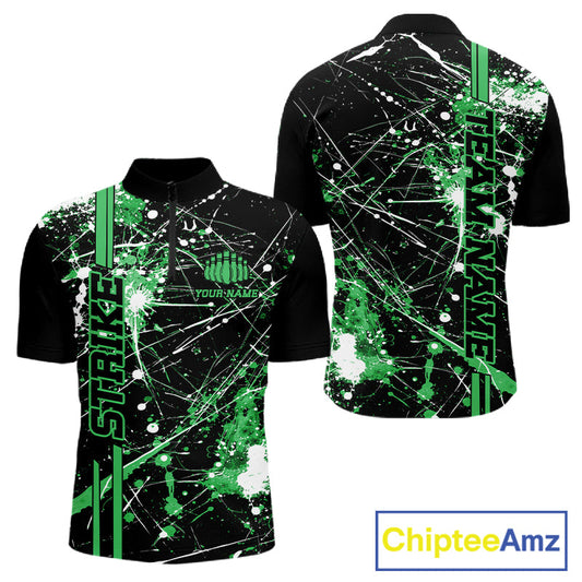 Custom Black And Green Splatter Camo Strike Bowling League Shirts, Men Bowling Jerseys IPHW10653