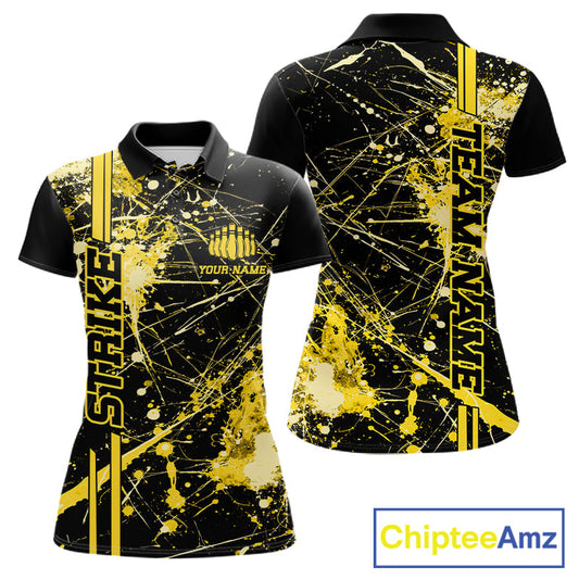 Custom Black And Yellow Splatter Camo Strike Bowling League Shirts, Women Bowling Jerseys IPHW10654