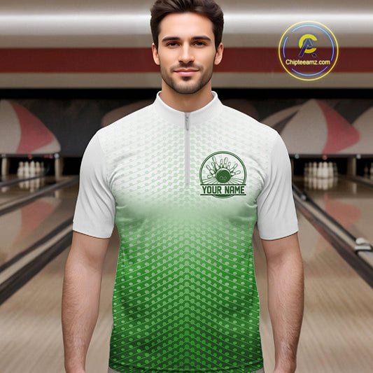 Custom Name Green Bowling Jerseys For Men, Bowling League Quarter-Zip Shirt Bowler Outift IPHW10658