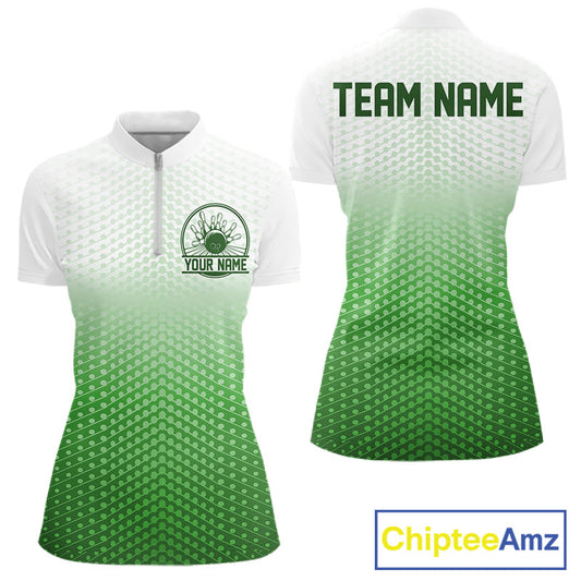 Custom Name Green Bowling Jerseys Women, Bowling League Quarter-Zip Shirt Bowler Outift IPHW10658
