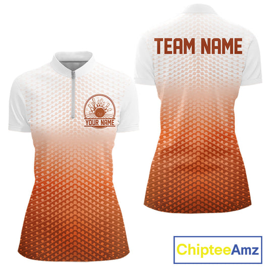 Custom Name Orange Bowling Jerseys Women, Bowling League Quarter-Zip Shirt Bowler Outift IPHW10659