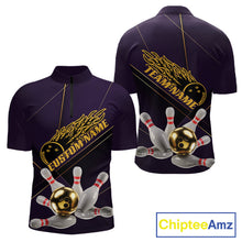 Load image into Gallery viewer, Custom Purple And Gold Bowling Shirts For Men, Flame Bowling Team Shirts Bowling Uniform IPHW10662