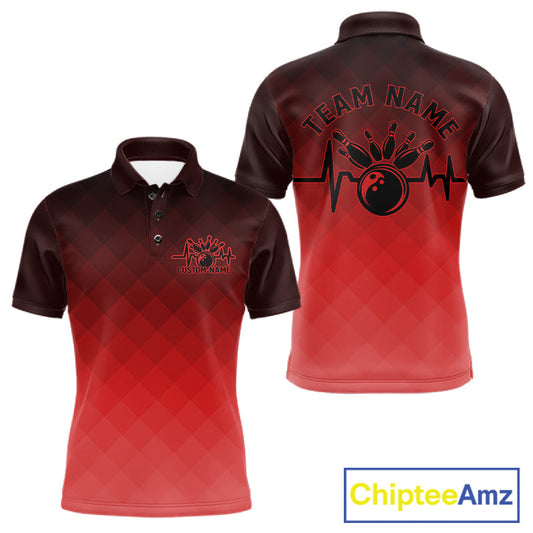 Bowling Heartbeat Pulse Line Red Argyle Custom Bowling Team Polo Shirts For Men IPHW10664