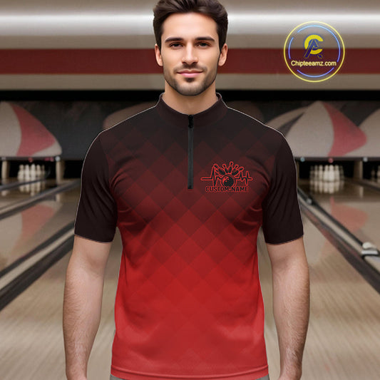 Bowling Heartbeat Pulse Line Red Argyle Custom Bowling Team Quarter-Zip Shirts For Men IPHW10664