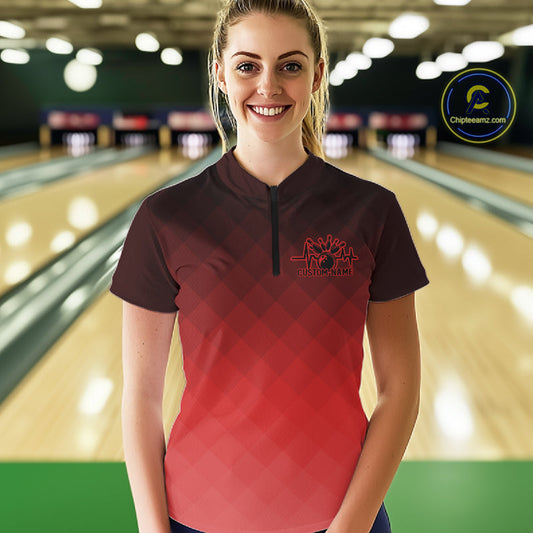 Bowling Heartbeat Pulse Line Red Argyle Custom Bowling Team Quarter-Zip Shirts For Women IPHW10664