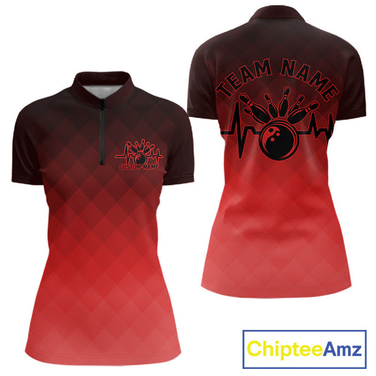Bowling Heartbeat Pulse Line Red Argyle Custom Bowling Team Quarter-Zip Shirts For Women IPHW10664