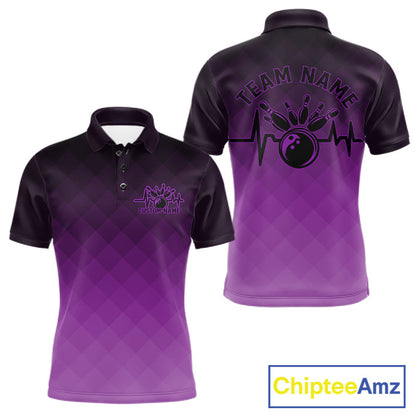 Bowling Heartbeat Pulse Line Purple Argyle Custom Bowling Team Polo Shirts For Men IPHW10665