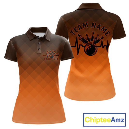 Bowling Heartbeat Pulse Line Orange Argyle Custom Bowling Team Polo Shirts For Women IPHW10666