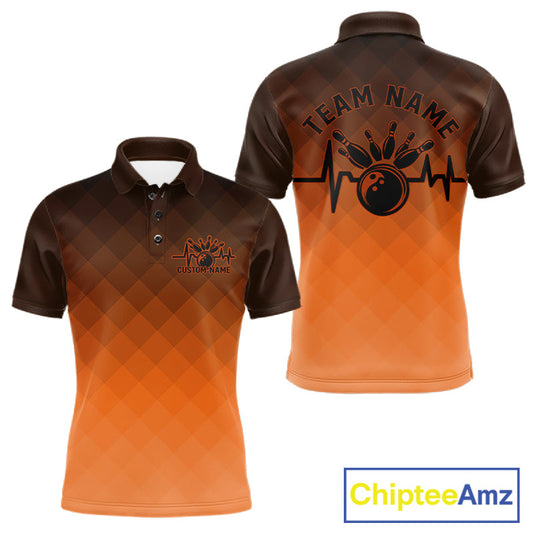 Bowling Heartbeat Pulse Line Orange Argyle Custom Bowling Team Polo Shirts For Men IPHW10666