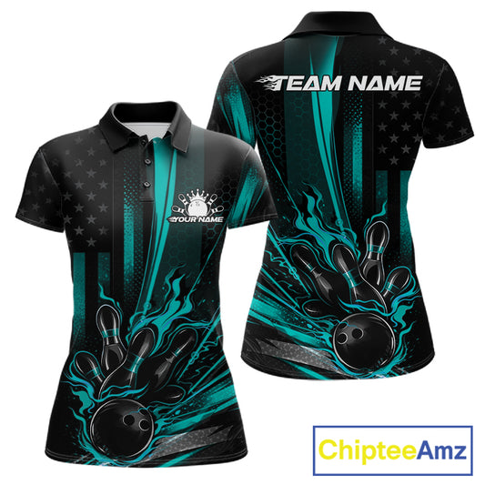 Front and back view of a black and turquoise blue women’s bowling polo shirt featuring a distressed American flag theme and bowling ball striking pins.