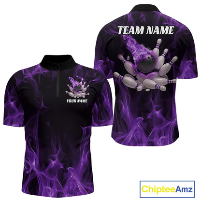 Front and back view of a black and purple mens bowling quarter-zip shirt featuring a bowling ball crashing into scattered pins with bold flame artwork.