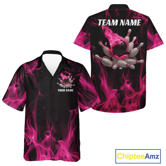 Front and back view of a black and pink button-up bowling shirt featuring a bowling ball crashing into scattered pins with fiery background effects.