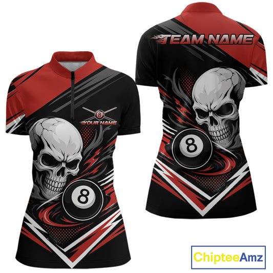 Custom Black And Red 8 Ball Skull Billiards Women Quarter-Zip Shirt, Pool Team Shirt IPHW11746