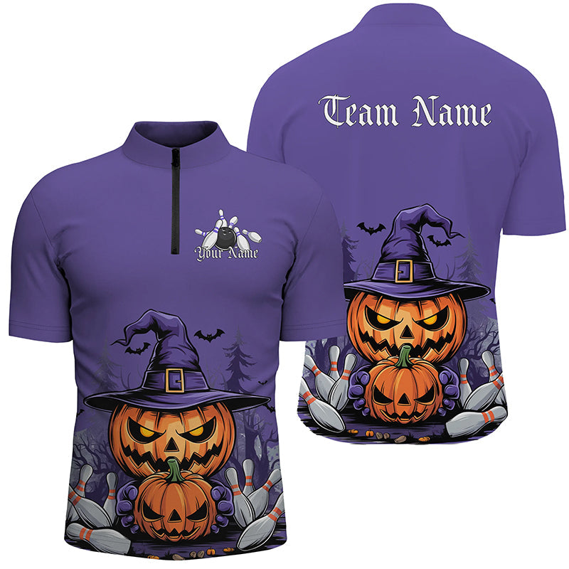 Purple Custom Halloween Bowling Shirts For Men, Pumpkin Bowling Team Shirt Halloween Outfit IPHW7648