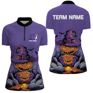 Purple Custom Halloween Ladies Bowling Shirts, Pumpkin Bowling Team Shirt Halloween Outfit IPHW7649