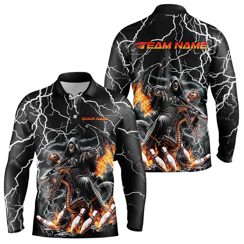 Black Thunder Lightning Grim Reaper Riding Dragon Custom Bowling Long Sleeve Polo Shirts For Men IPHW7654