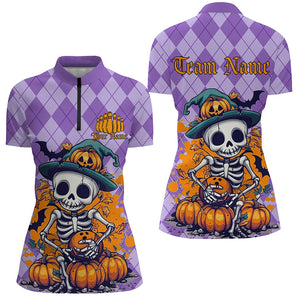 Orange And Purple Argyle Pattern Custom Funny Skull Halloween Bowling Shirts For Women IPHW7656