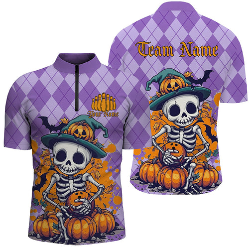 Orange And Purple Argyle Pattern Custom Funny Skull Halloween Bowling Shirts For Men IPHW7656