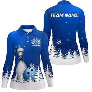 Blue Snowflake Custom Christmas Bowling Shirts For Women, Santa Bowling Team Outfit Shirt IPHW7868