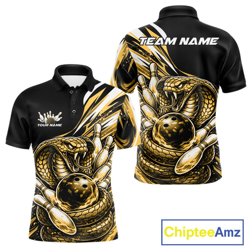 Custom Black And Yellow Cobra Snake Men Bowling Polo Shirts, Cobra Bowling Jerseys IPHW10372